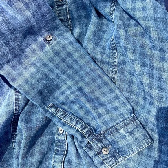 J Jill Blue Denim Check Dress Womens M Plaid Long Sleeve Button Up Distress Boho - Picture 8 of 13